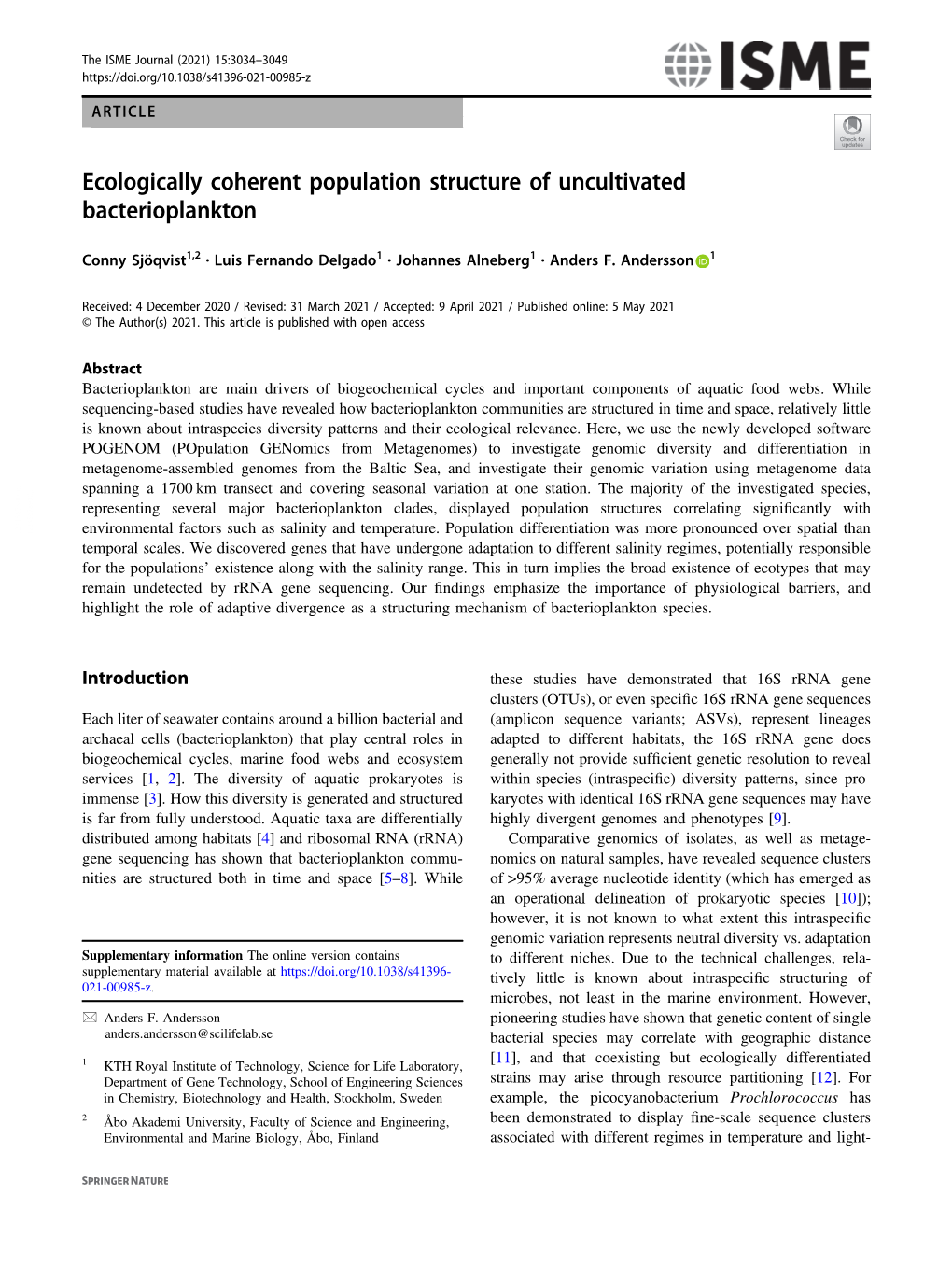 Ecologically Coherent Population Structure of Uncultivated Bacterioplankton