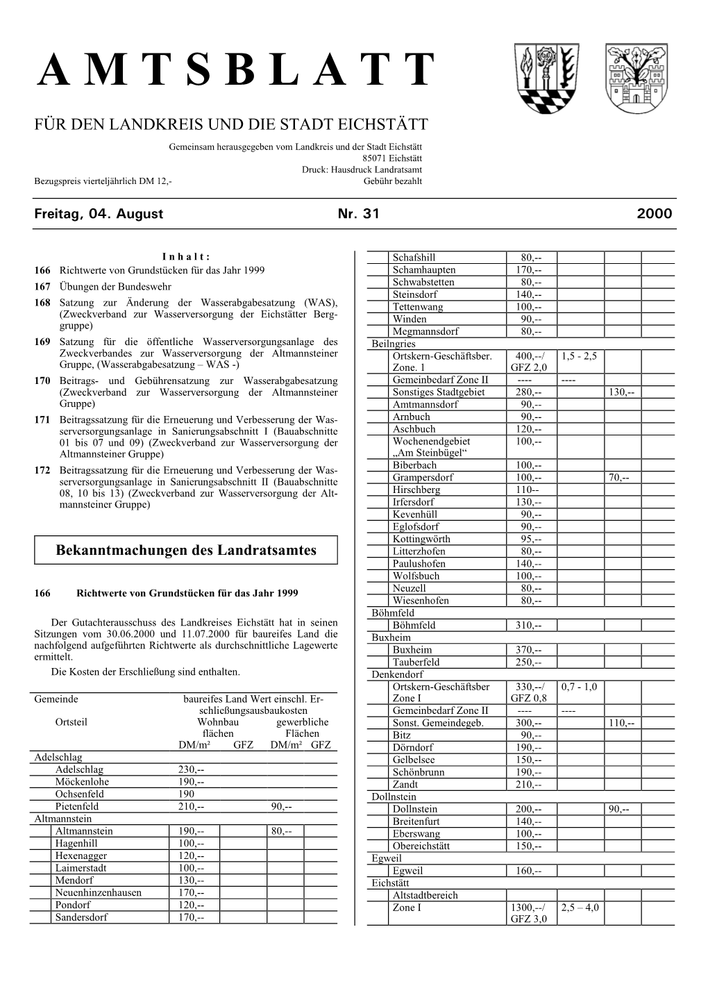 Amtsblatt Für Den Landkreis Und Die Stadt Eichstätt Nr