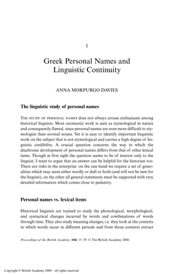 Greek Personal Names and Linguistic Continuity