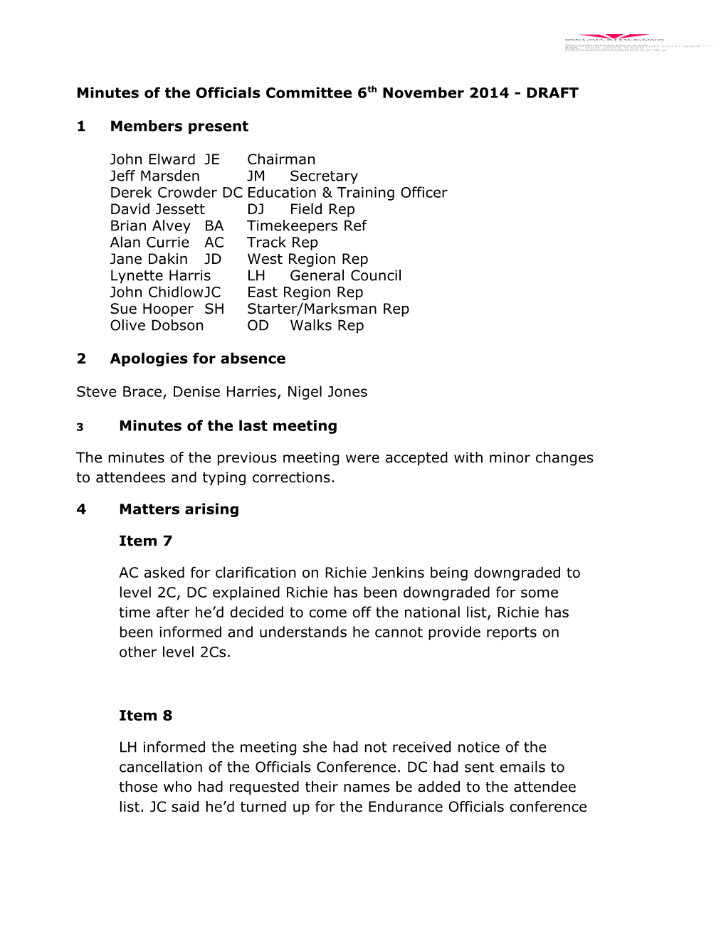 Minutes of the Officials Committee 6Th November 2014 - DRAFT