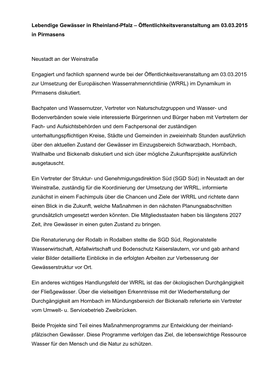 Lebendige Gewässer in Rheinland-Pfalz – Öffentlichkeitsveranstaltung Am 03.03.2015 in Pirmasens