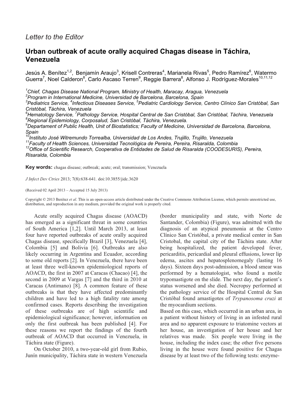 Letter to the Editor Urban Outbreak of Acute Orally Acquired Chagas