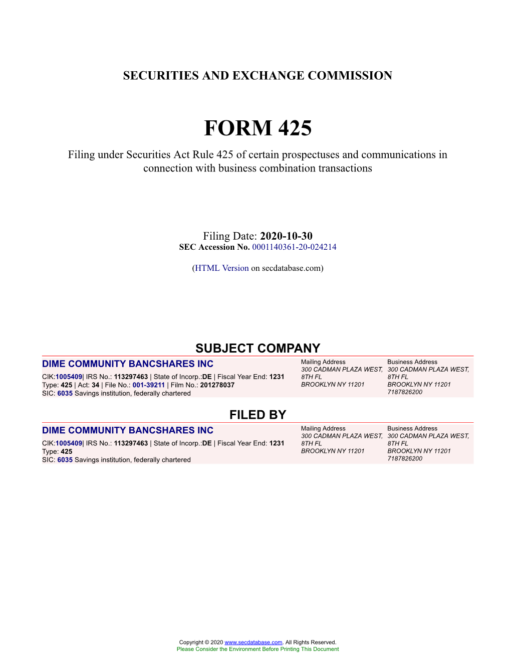 DIME COMMUNITY BANCSHARES INC Form 425 Filed 2020-10-30
