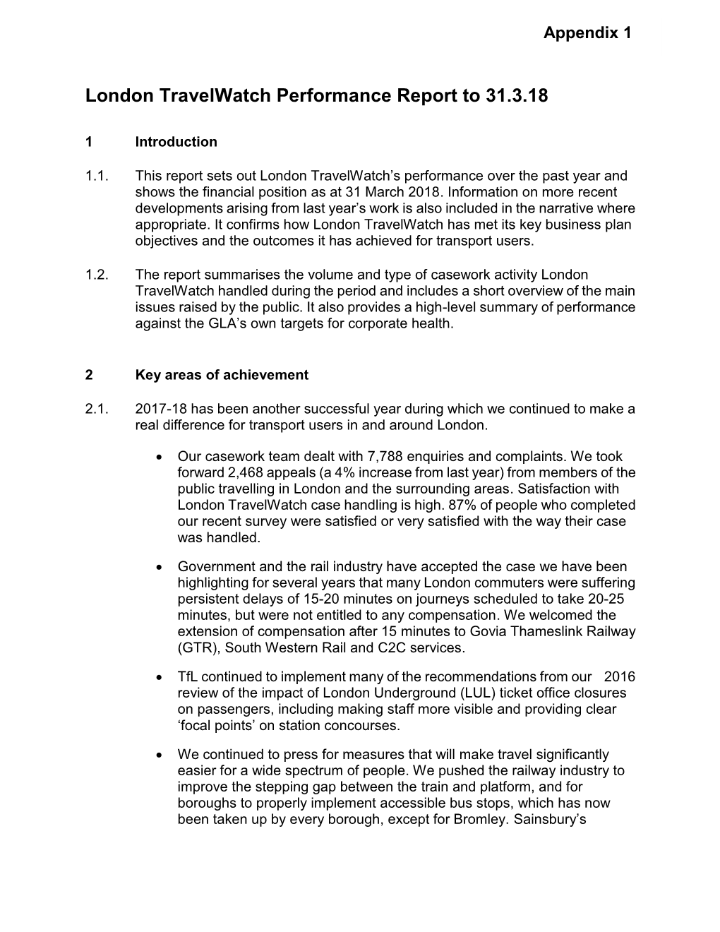 London Travelwatch Performance Report to 31.3.18