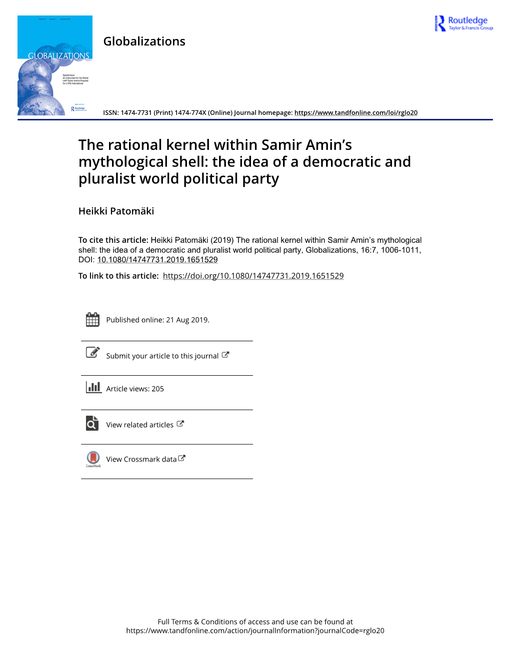 The Rational Kernel Within Samir Amin's Mythological Shell: the Idea of a Democratic and Pluralist World Political Party