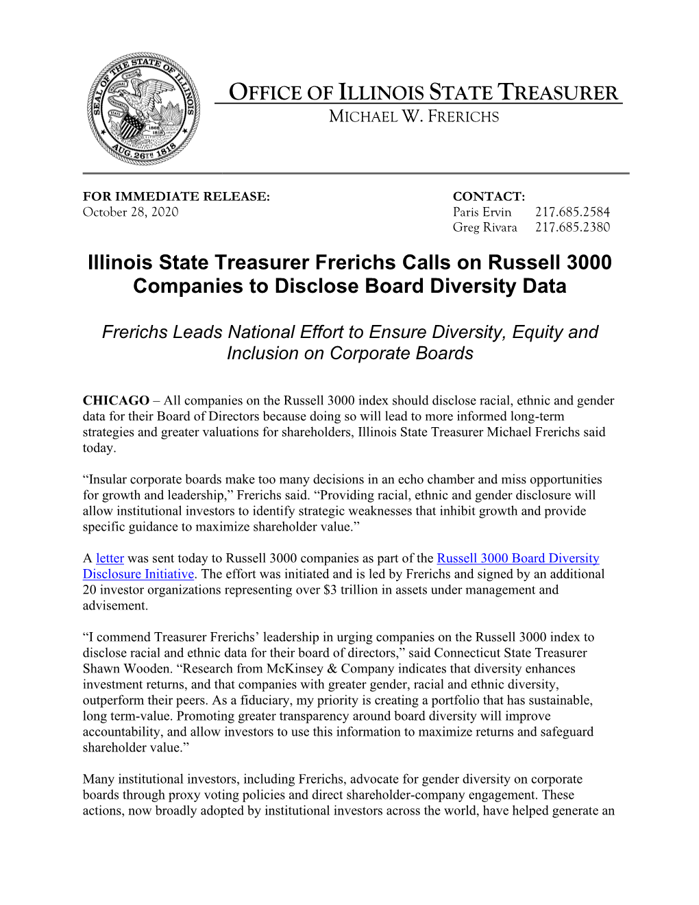 Illinois State Treasurer Frerichs Calls on Russell 3000 Companies to Disclose Board Diversity Data