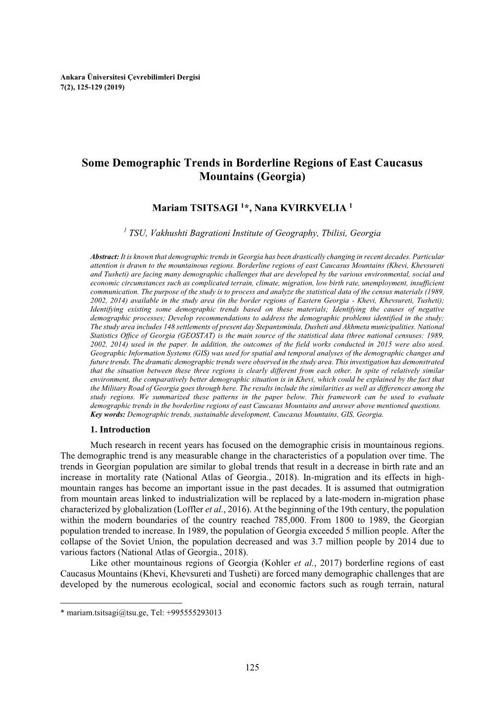 Some Demographic Trends in Borderline Regions of East Caucasus Mountains (Georgia)