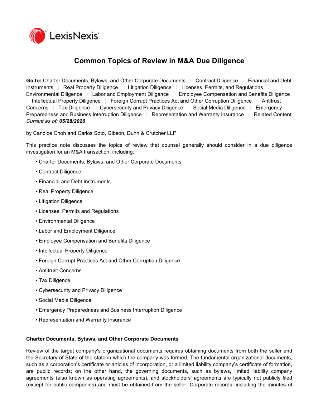 Common Topics of Review in M&A Due Diligence