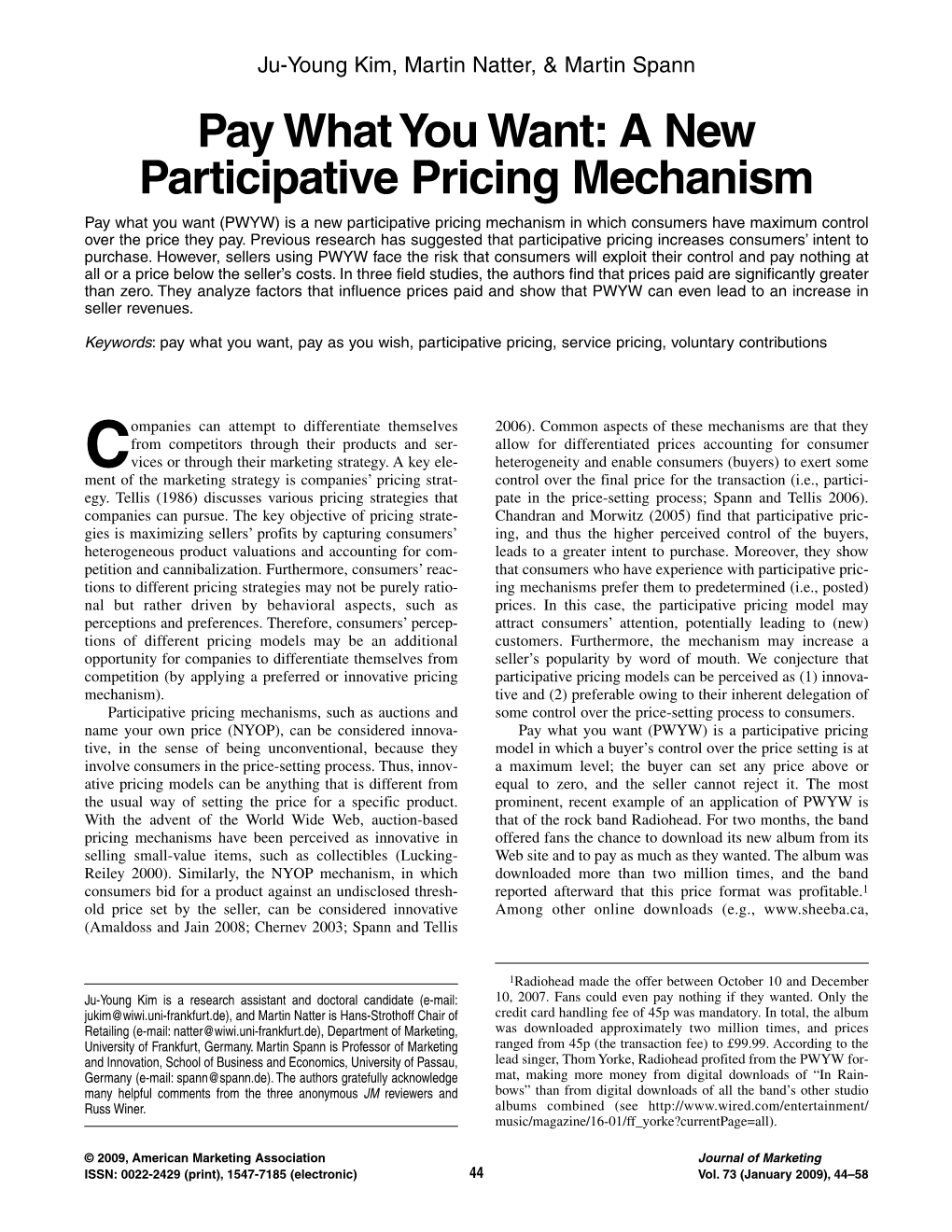 Pay What You Want: a New Participative Pricing Mechanism