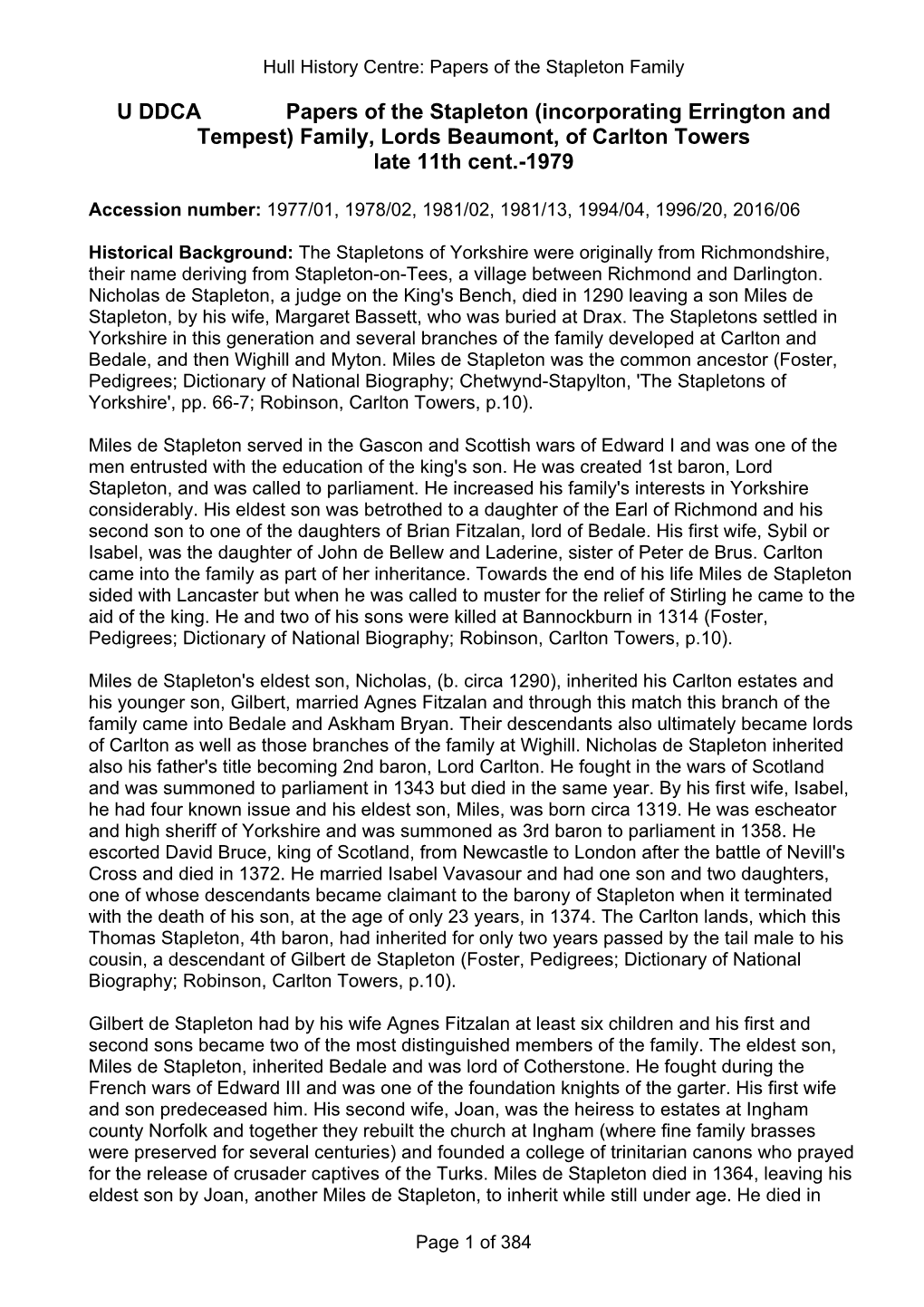 U DDCA Papers of the Stapleton (Incorporating Errington and Tempest) Family, Lords Beaumont, of Carlton Towers Late 11Th Cent.-1979