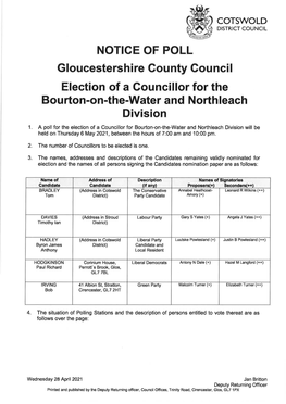NOTICE of POLL Gloucestershire County Council Election of a Councillor for the Bourton-On-The-Water and Northleach Division