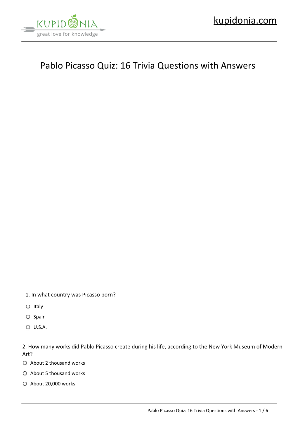 Pablo Picasso Quiz: 16 Trivia Questions with Answers