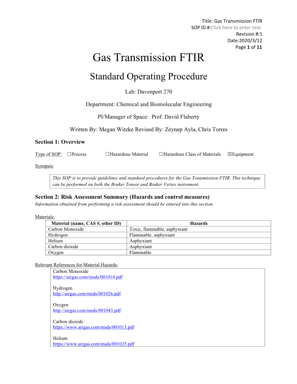 Gas Transmission FTIR SOP ID #:Click Here to Enter Text
