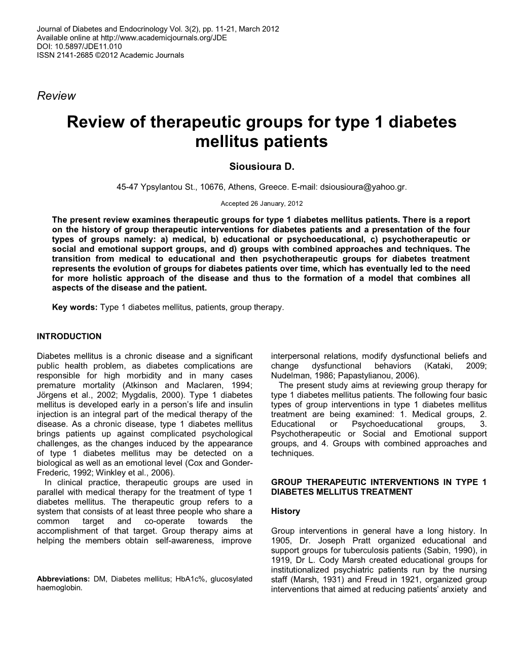 Review of Therapeutic Groups for Type 1 Diabetes Mellitus Patients