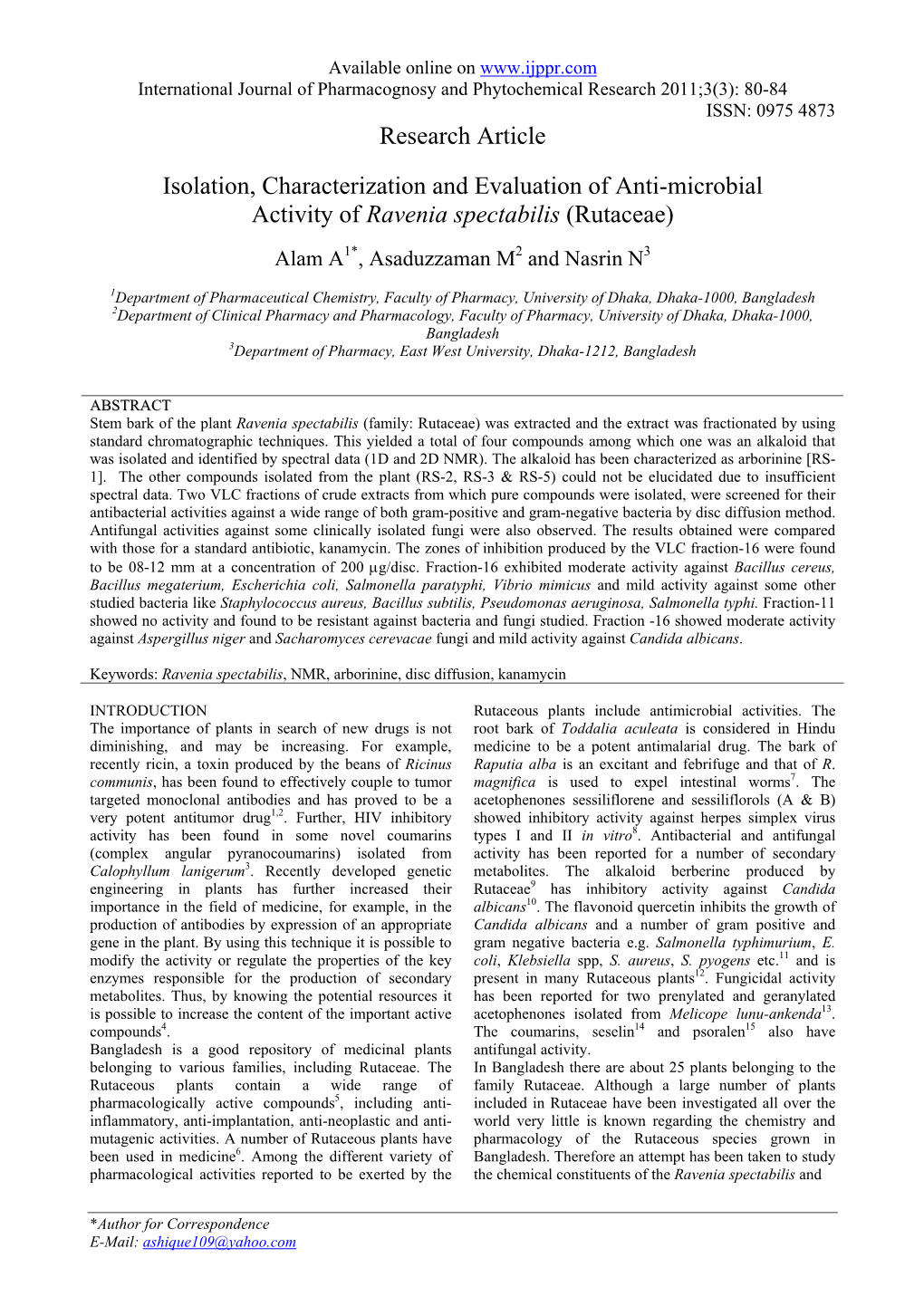 Chemical and Biological Investigations of Ravenia Spectabilis