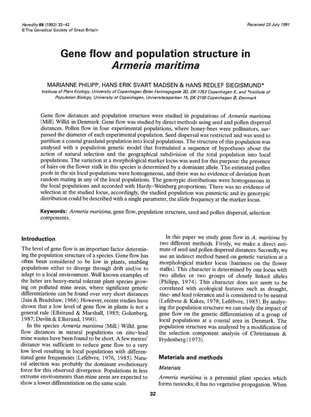 Gene Flow and Population Structure in a Rmeria Maritima