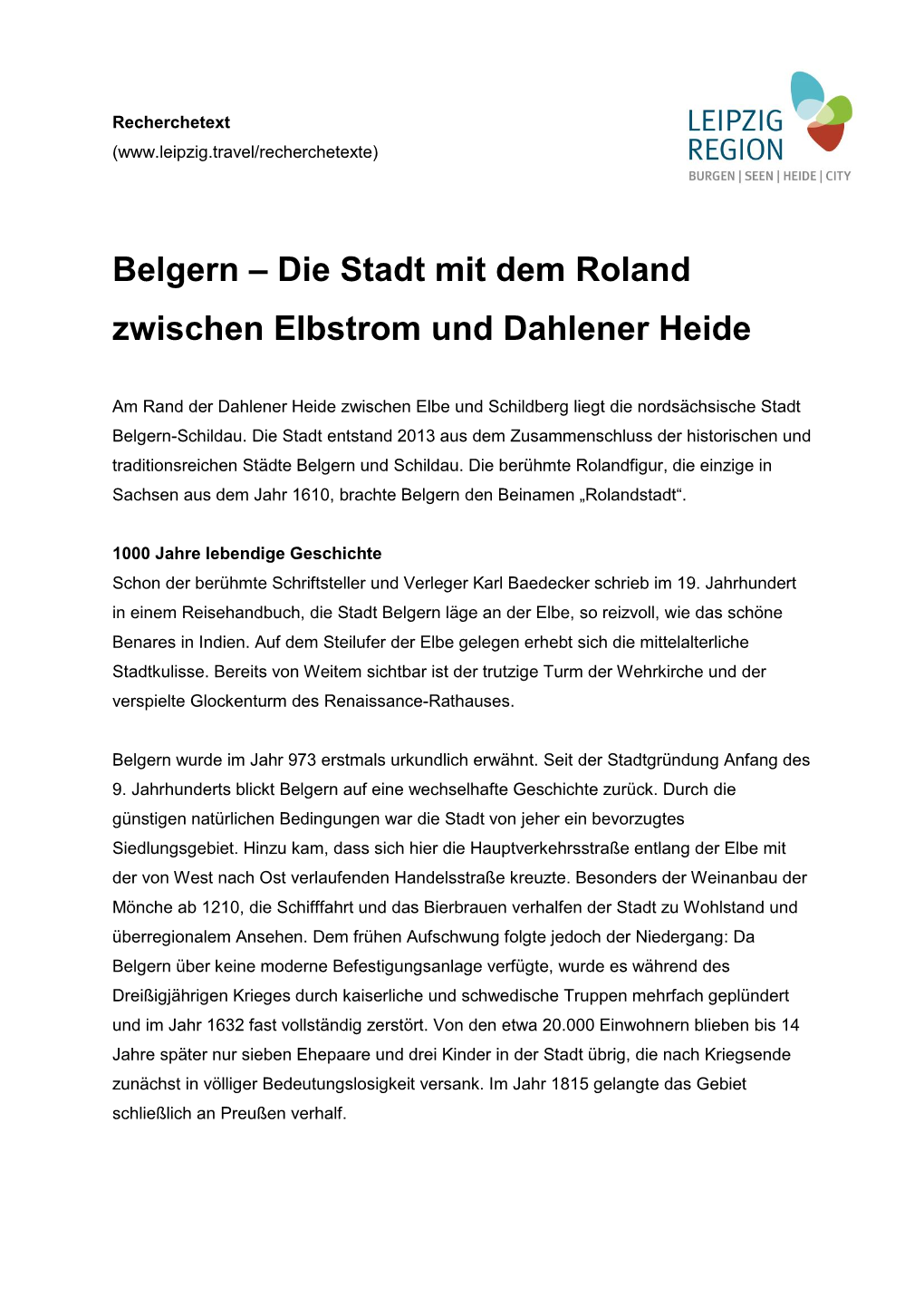 Belgern – Die Stadt Mit Dem Roland Zwischen Elbstrom Und Dahlener Heide