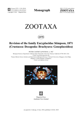 Zootaxa 2375: 1–130 (2010) Revision of the Family Euryplacidae Stimpson