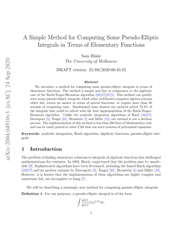 A Simple Method for Computing Some Pseudo-Elliptic Integrals In