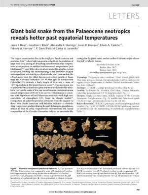 Giant Boid Snake from the Palaeocene Neotropics Reveals Hotter Past Equatorial Temperatures