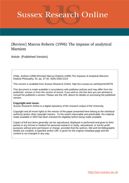 [Review] Marcus Roberts (1996) the Impasse of Analytical Marxism