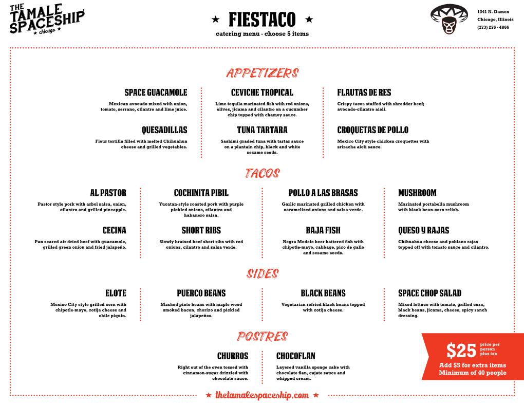 Fiestaco (773) 276 - 4866 Catering Menu - Choose 5 Items