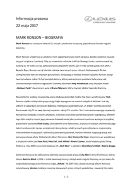 Informacja Prasowa 22 Maja 2017 MARK RONSON – BIOGRAFIA