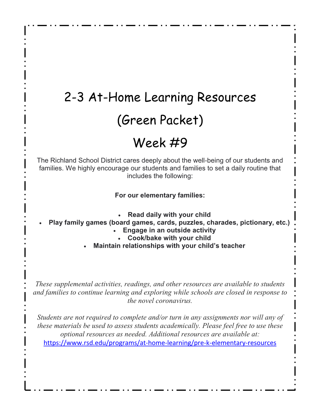 2-3 At-Home Learning Resources (Green Packet) Week #9