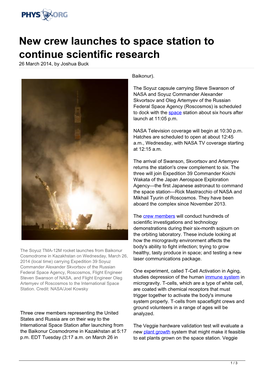 New Crew Launches to Space Station to Continue Scientific Research 26 March 2014, by Joshua Buck
