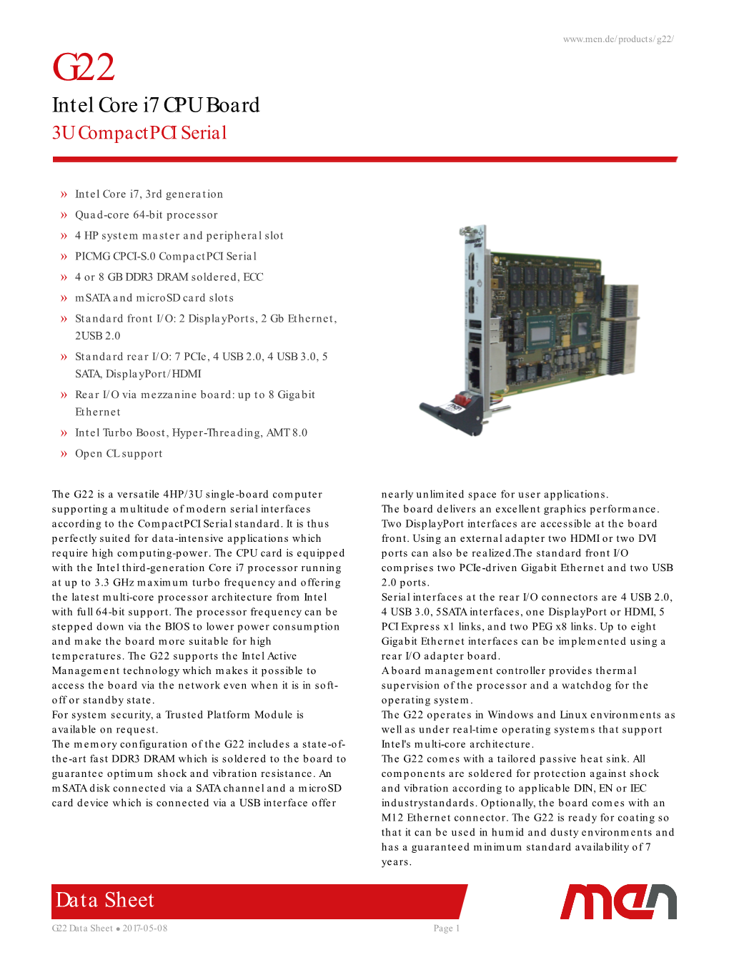 G22/ G22 Intel Core I7 CPU Board 3U Compactpci Serial