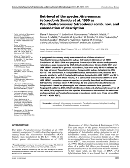 Retrieval of the Species Alteromonas Tetraodonis Simidu Et Al. 1990 As Pseudoalteromonas Tetraodonis Comb