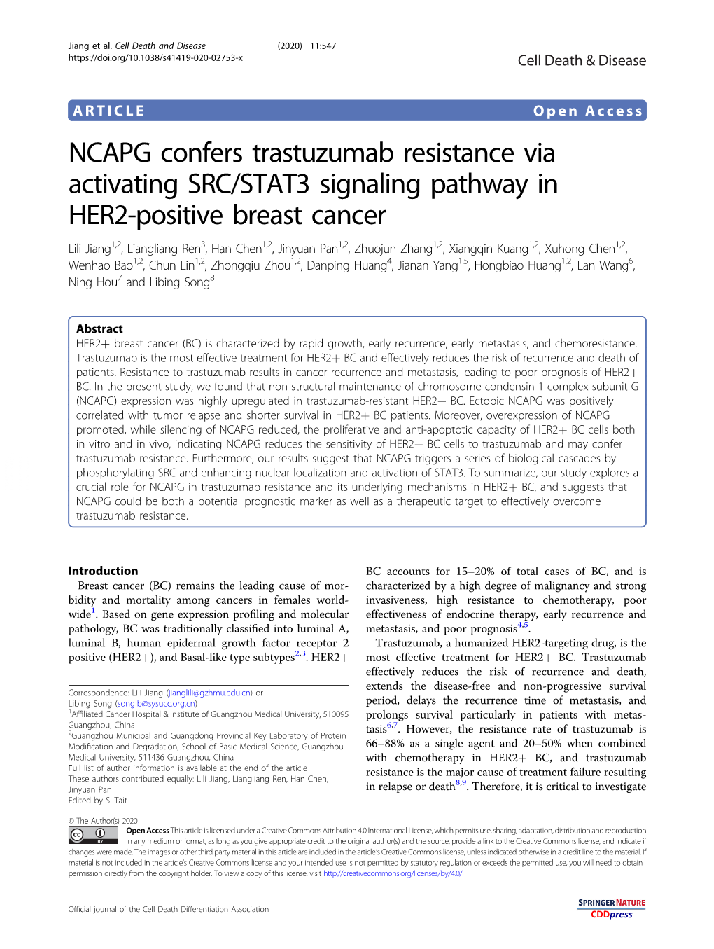 NCAPG Confers Trastuzumab Resistance Via Activating SRC