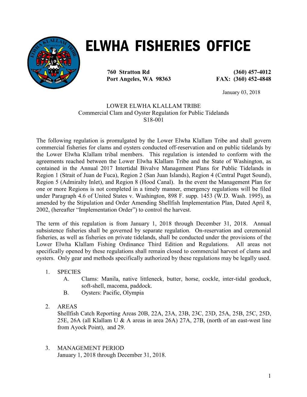 LOWER ELWHA KLALLAM TRIBE Commercial Clam and Oyster Regulation for Public Tidelands S18-001