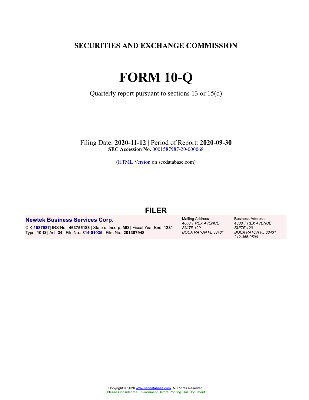 Newtek Business Services Corp. Form 10-Q Quarterly Report Filed 2020