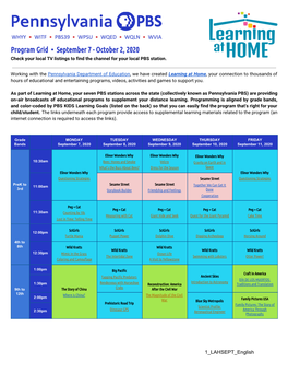 Program Grid • September 7 - October 2, 2020 Check Your Local TV Listings to Find the Channel for Your Local PBS Station