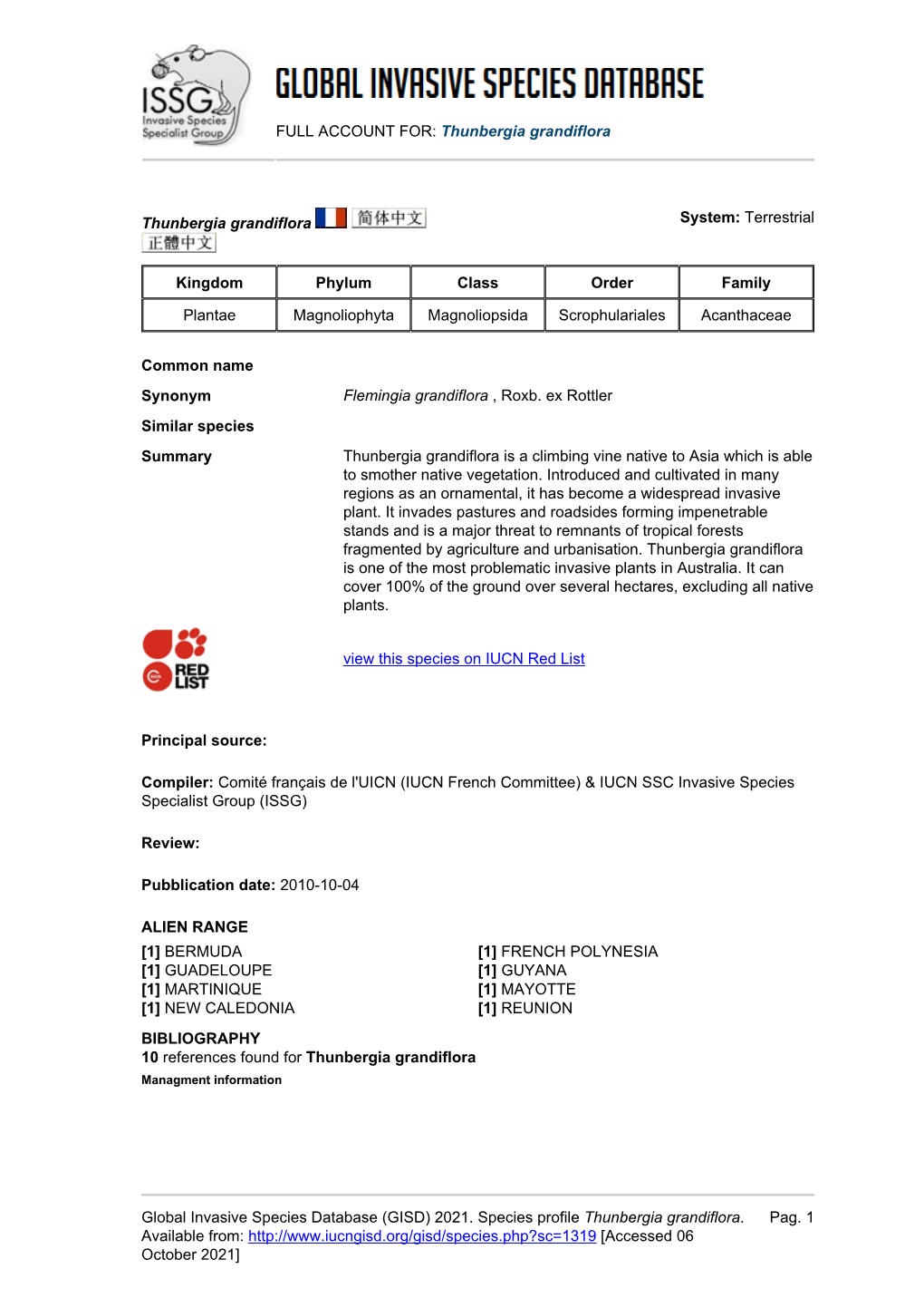 Thunbergia Grandiflora Global Invasive Species Database (GISD)