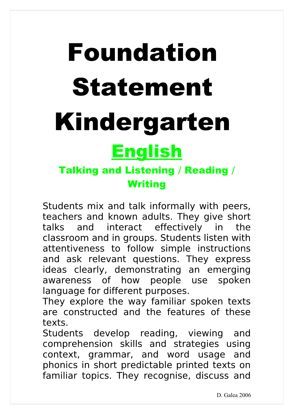 Foundation Statement Kindergarten