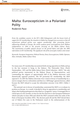 Malta: Euroscepticism in a Polarised Polity Roderick Pace