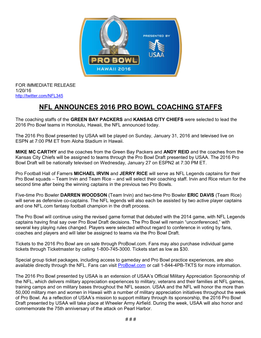 Nfl Announces 2016 Pro Bowl Coaching Staffs