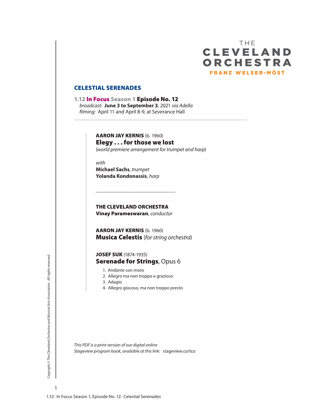 Stageview Program Book, Available at This Link: Stageview.Co/Tco Copyright © the Cleveland Orchestra and Musical Arts Association