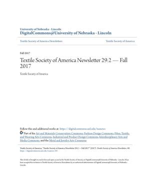 Textile Society of America Newsletter 29:2 — Fall 2017 Textile Society of America