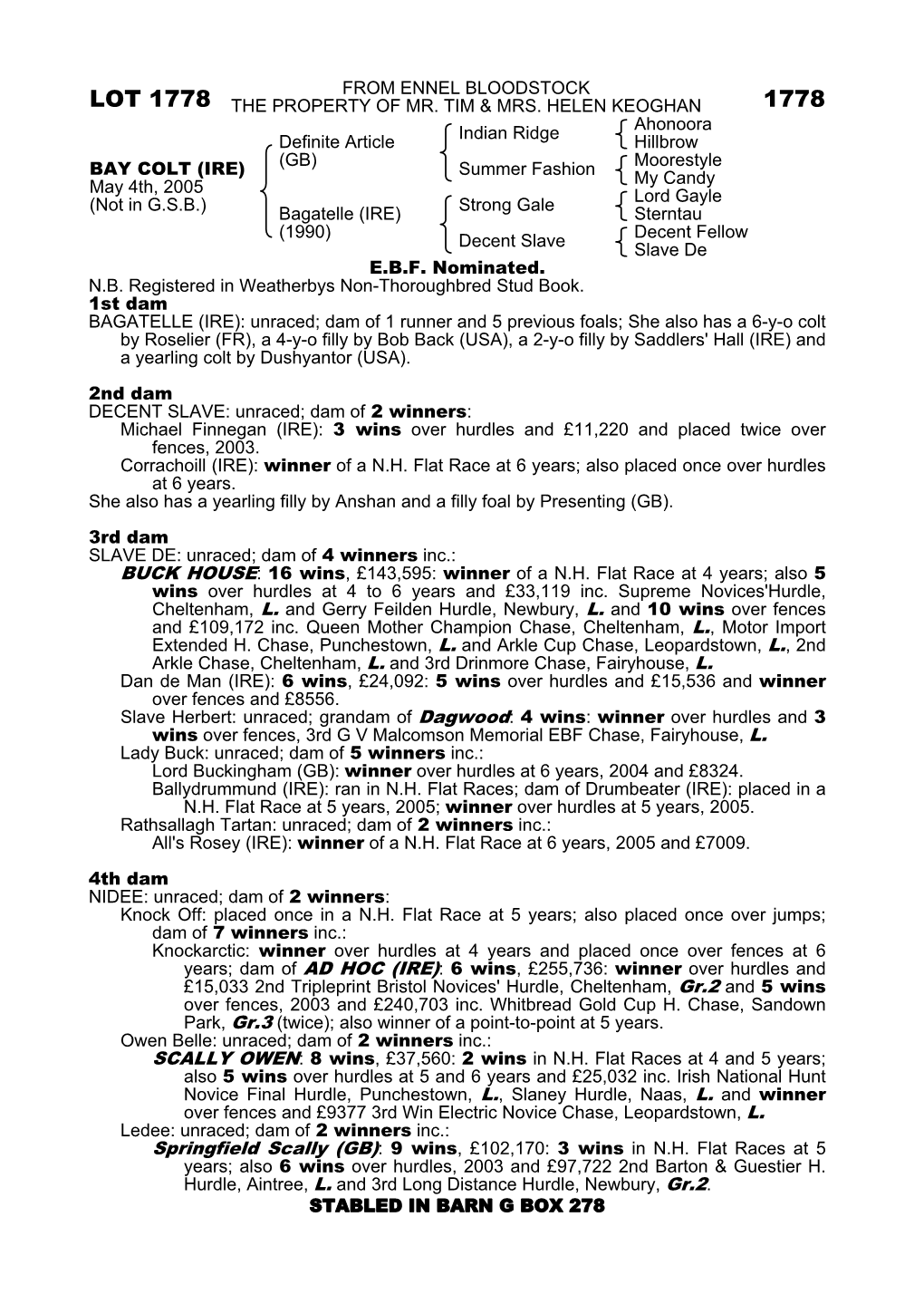 FROM ENNEL BLOODSTOCK LOT 1778 the PROPERTY of MR. TIM & MRS. HELEN KEOGHAN Indian Ridge Ahonoora Hillbrow Definite Article