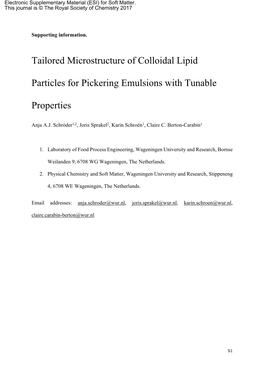 Tailored Microstructure of Colloidal Lipid Particles for Pickering Emulsions with Tunable Properties