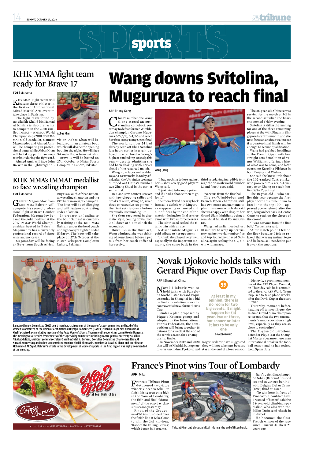 Wang Downs Svitolina, Muguruza to Reach Final