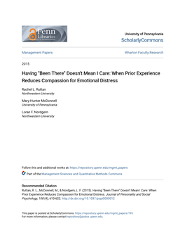 Having "Been There" Doesn't Mean I Care: When Prior Experience Reduces Compassion for Emotional Distress