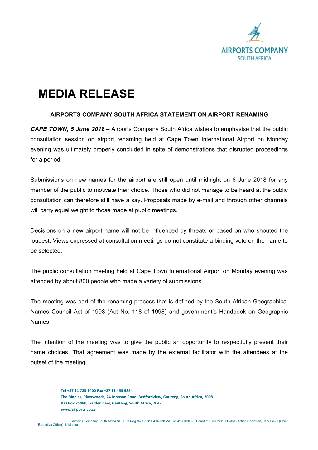 Airports Company South Africa Statement on Airport Renaming
