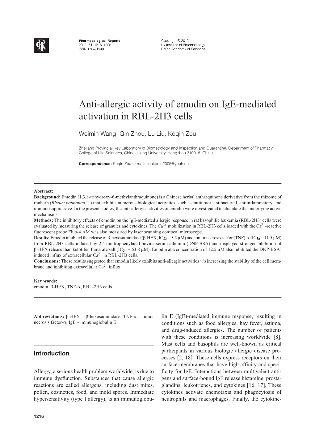 Anti-Allergic Activity of Emodin on Ige-Mediated Activation in RBL-2H3