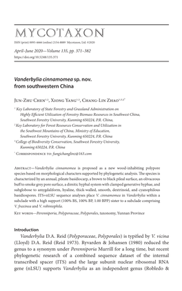 &lt;I&gt;Vanderbylia Cinnamomea&lt;/I&gt; Sp. Nov. from Southwestern China