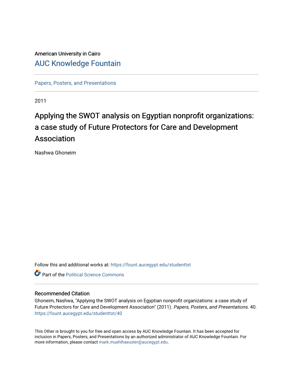 Applying the SWOT Analysis on Egyptian Nonprofit Organizations: a Case Study of Future Protectors for Care and Development Association