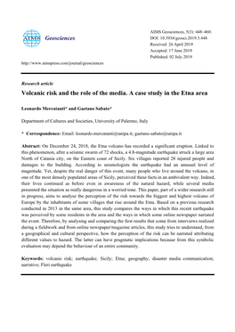 Volcanic Risk and the Role of the Media. a Case Study in the Etna Area